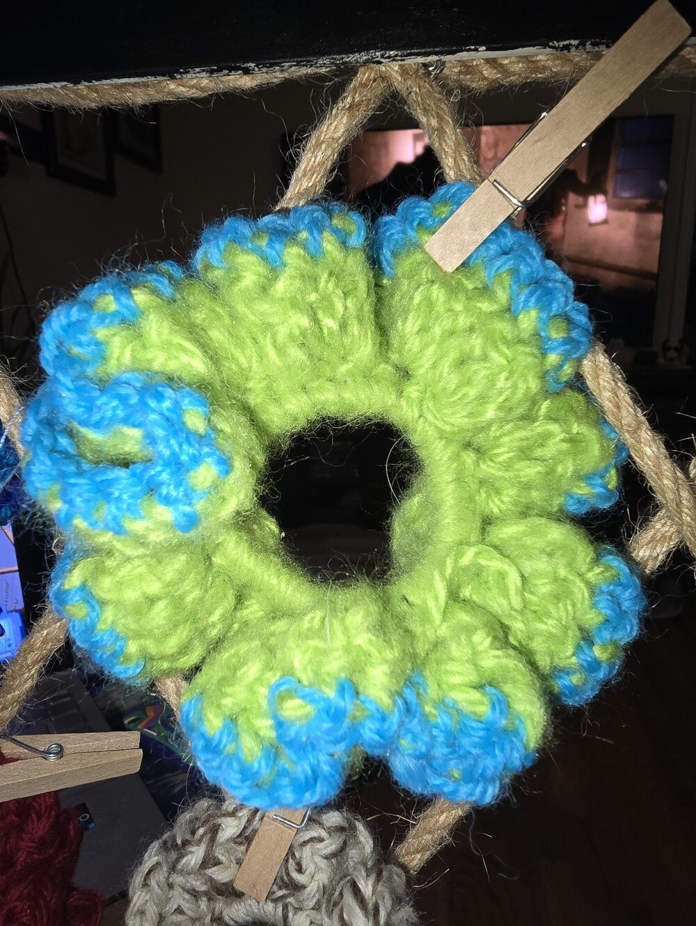 Handmade Green & Blue Crochet Scrunchie